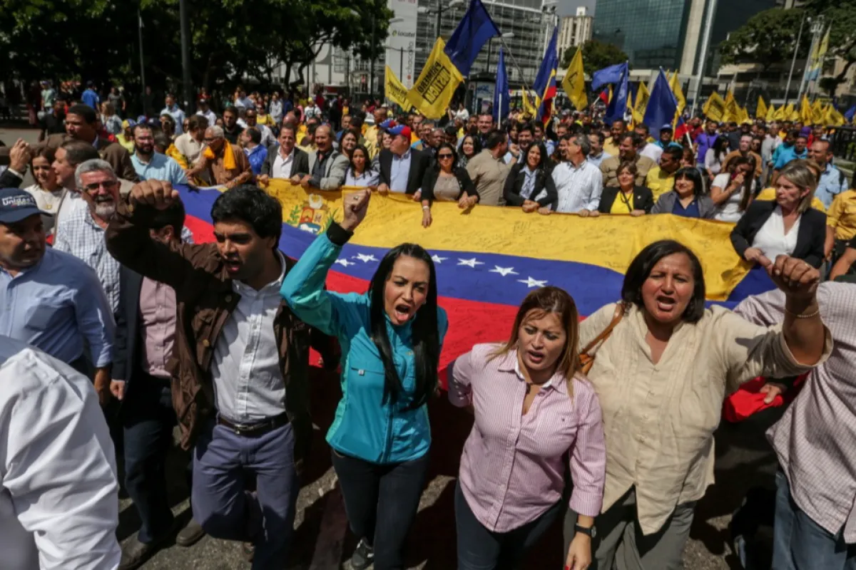 Legislatorii de opoziție membri ai Adunării Naționale a Venezuelei și susținătorii acestora participă la un marș către sediul Organizației Statelor Americane (OEA), la Caracas, Venezuela, 18 ianuarie 2017.