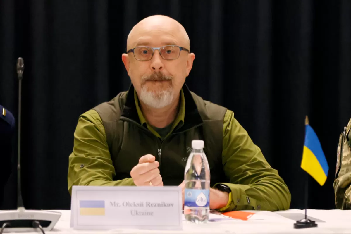 Ministrul ucrainean al apărării, Oleksii Reznikov, în timpul unei întâlniri a miniștrilor apărării la baza aeriană americană din Ramstein, Germania, 26 aprilie 2022.