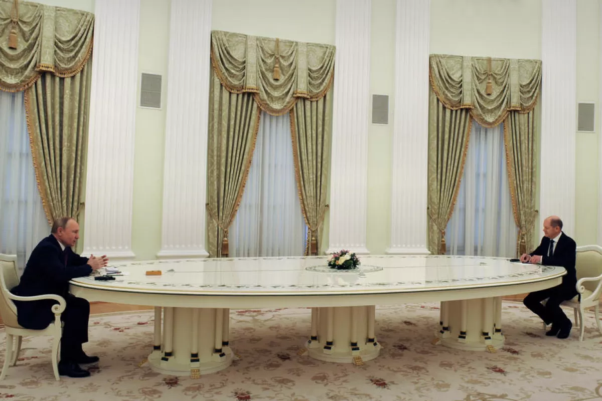 Președintele rus Vladimir Putin și cancelarul german Olaf Scholz au discutat la Kremlin, cu puțin timp înainte de declanșarea invaziei ruse în Ucraina, în februarie 2022.