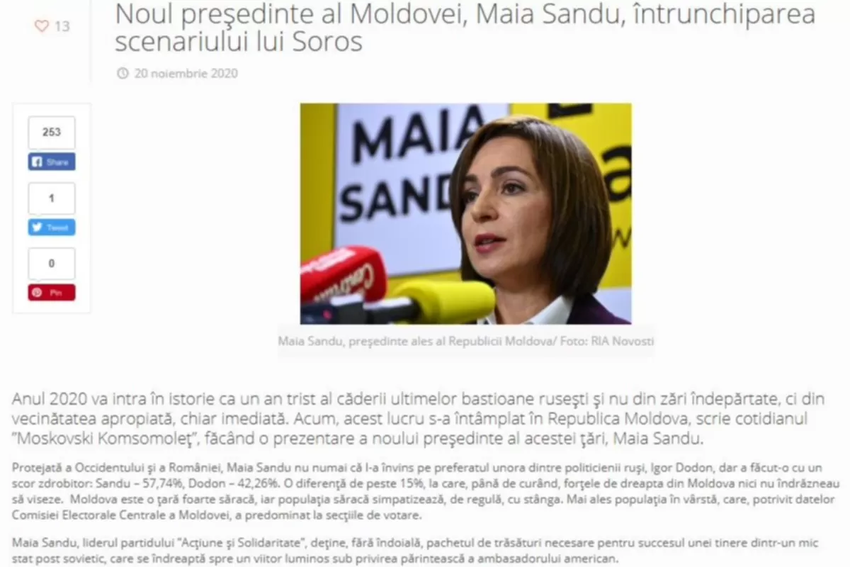FAKE NEWS: Maia Sandu, marioneta lui Soros și a SUA la conducerea Republicii Moldova
