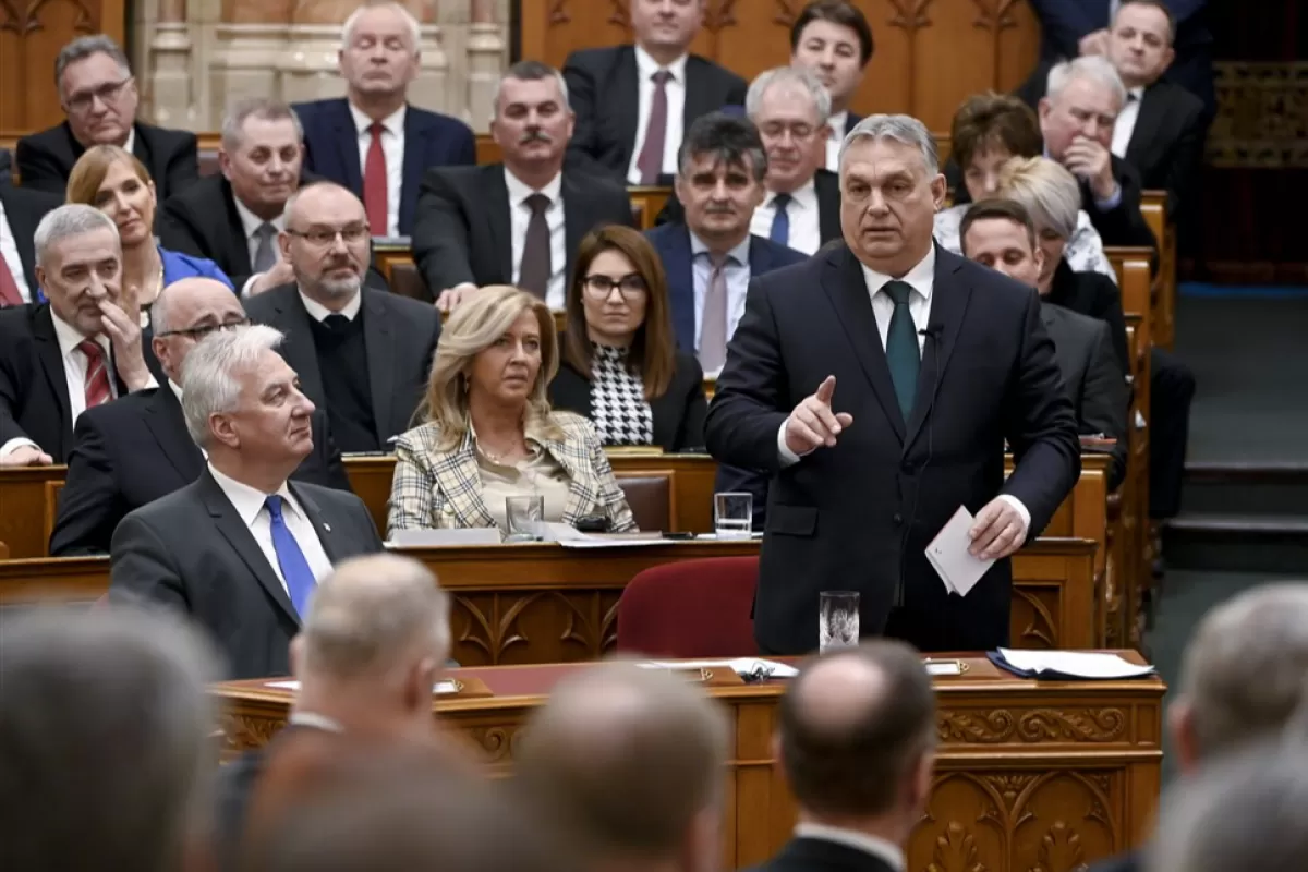Premierul ungar Viktor Orban vorbește în ziua deschiderii sesiunii de primăvară a parlamentului la Budapesta, Ungaria, 27 februarie 2023.