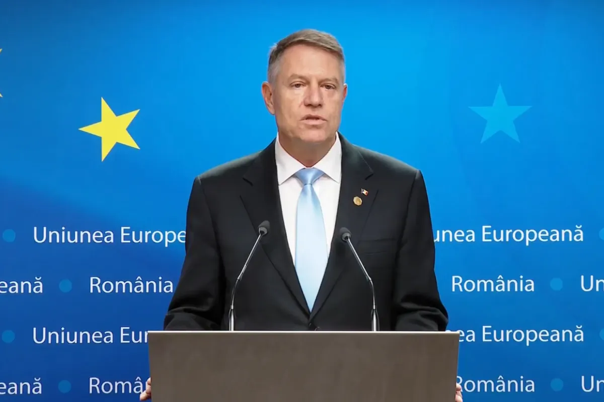Preşedintele României, Klaus Iohannis, ţine un discurs înainte de summitul UE de la Bruxelles, Belgia, 1 Februarie 2024.