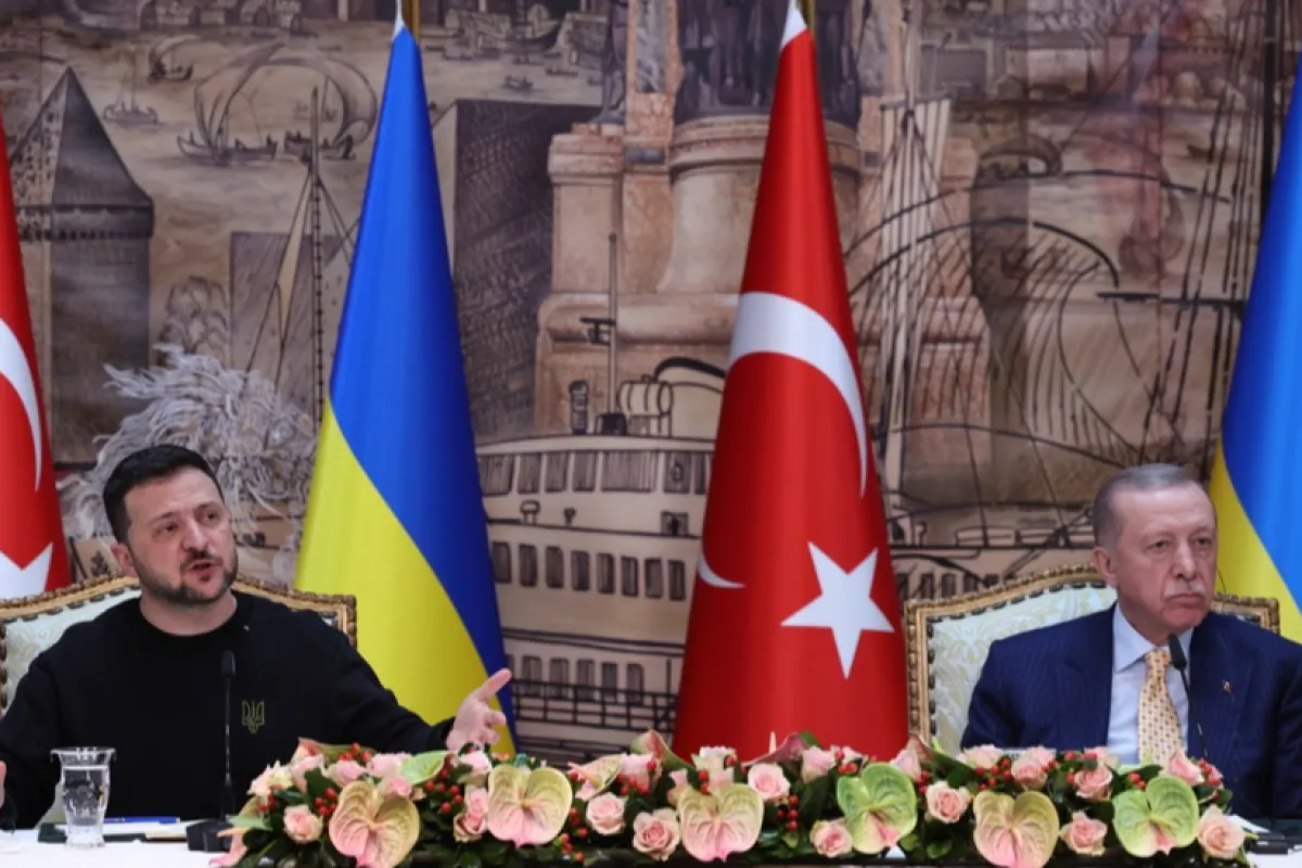 Președintele turc Recep Tayyip Erdogan și președintele ucrainean Volodimir Zelenski participă la o conferință de presă comună la Istanbul, Turcia, 8 martie 2024.